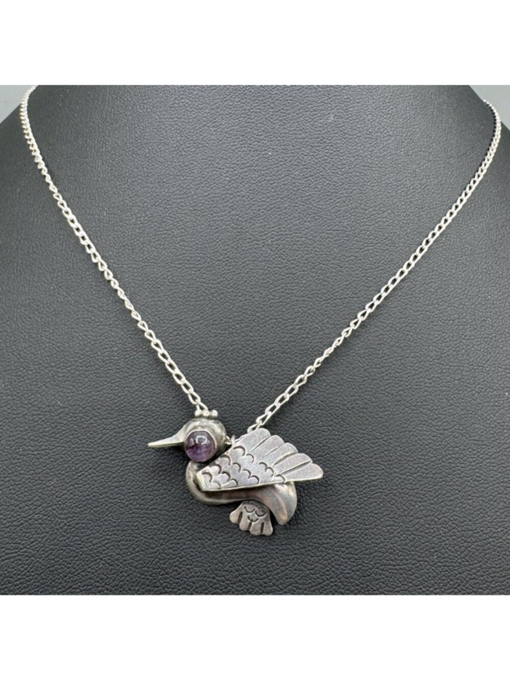 Vintage 1930s Mexican Modernist Bird Pendant Sterling w/ Amethyst Eye Signed ER - Picture 3 of 9